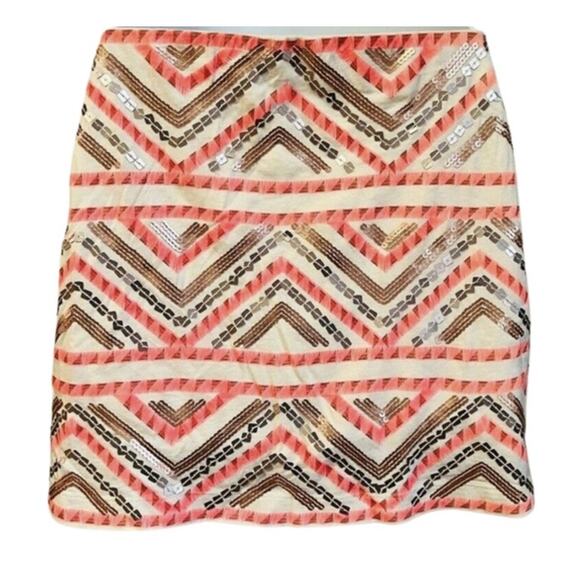 Express Pink Cream Gold Sequin Y2K Zig Zag Print Chevron Lined Mini Skirt Sz XS - Picture 1 of 7
